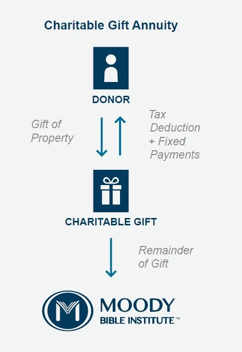 Flowchart illustrating the process of funding a charitable gift annuity with stock or cash, receiving fixed payouts, and Moody receiving the remainder